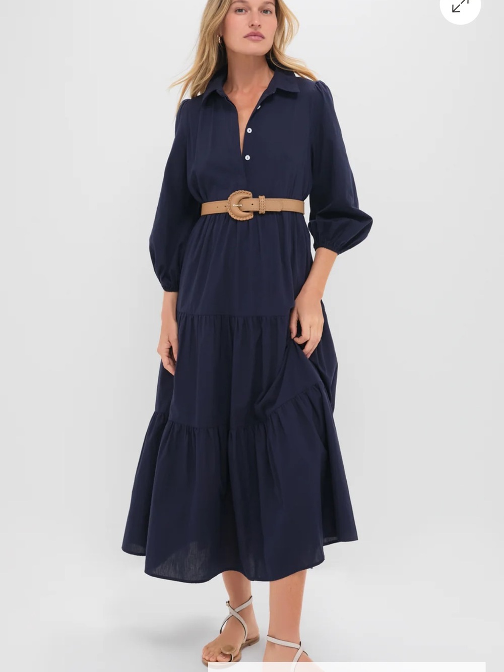 Tuckernuck Mabel Dress Navy Cotton Tiered Maxi Shirt Dress Pockets Size XL